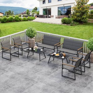 Costway 4/8 PCS Patio Furniture Setwith Padded Fabric Seat & Wood-Plastic Armrests Table - 1 of 4