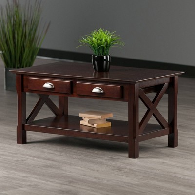 Brown Rectangular Wood Coffee Table with Storage Drawers