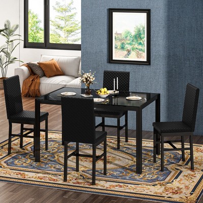 Hooseng Modern Luxurious Style 5/7 Piece Dining Room Table Set, Tempered Glass Top Dining Table Set for 4/6, Metal Frame And Upholstered Dining Chairs