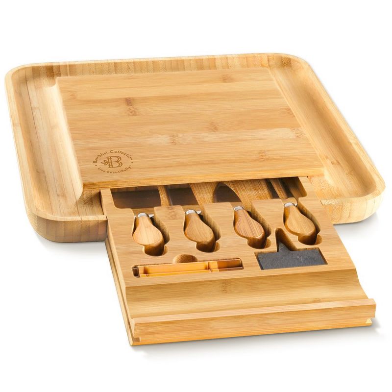 Bambusi Bamboo Cheese Board with Cutlery Set,, Includes 4 Stainless Steel Serving Utensils, 3 Labels & 2 Chalk Markers, 2 of 3