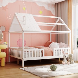 Whisen Full Size Wood House Bed, Playhouse Design with Roof & Fence, Fun Play & Sleep Space - White - 1 of 4