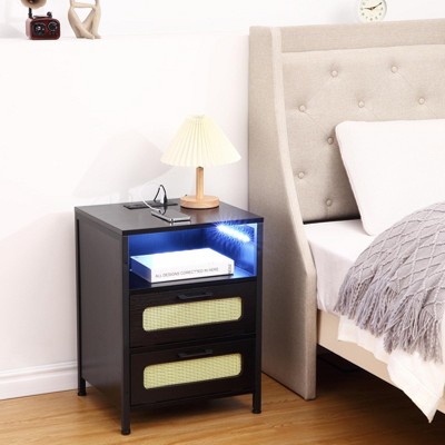 Modern Rattan Nightstand with Two Decorative Drawers, Boho End Table with USB Charger Port, Storage Cabinet