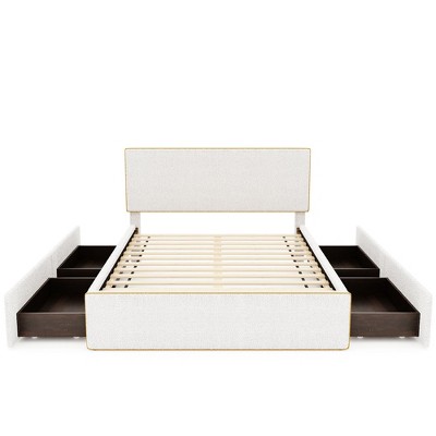 Upholstered Platform Bed with 4 Drawers - Golden Headboard & Footboard Accents