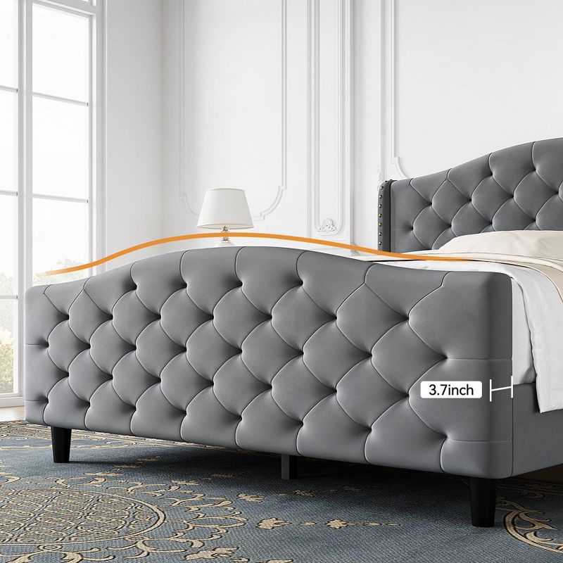 Whizmax Tufted Upholstered Platform qUEEN Bed Frame with Headboard and Footboard, Velvet Platform Bed Raised Wing Back Headboard, Grey, 3 of 8