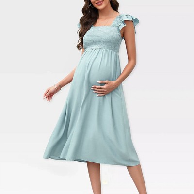 Maternity Dress Shirred Flutter Cap Sleeve Dress Square Neck Ruffle Cap Sleeve Midi Maternity Dress for Baby Shower Photography