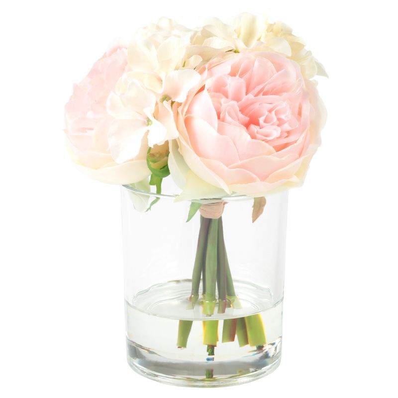 Rose and Hydrangea Floral Arrangement - Pink and Cream Artificial Flowers in Decorative Clear Glass Round Vase with Faux Water by Pure Garden, 1 of 6