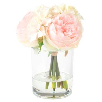 Nature Spring Rose and Hydrangea Floral Arrangement - 6 Artificial Flowers in Decorative Clear Glass Round Vase, 5" x 5", Pink, Cream