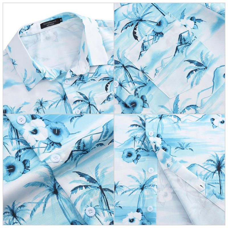 Men's Hawaiian Shirt Short Sleeve Linen Button Down Shirts Casual Floral Printed Beach Shirts with Pocket, 5 of 8