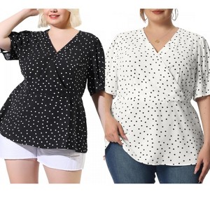 Women's Plus Size 2 Piece Polka Dots V Neck Short Sleeve Summer 2 Pieces Wrap Peplum Blouse - Agnes Orinda - 1 of 4