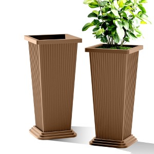 TOAOTBNBO Tall Planters Set of 2, Durable Planter with Vertical Stripes, Porch Plants with Drainage Holes and Bottom Tray - 1 of 4