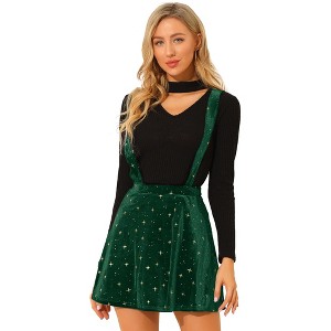 Allegra K Women's Velvet Star Printed Adjustable Strap High Waist Suspender Skirt - 1 of 4