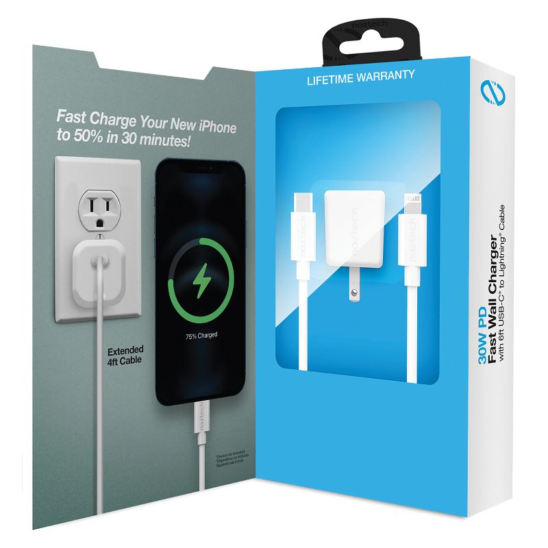 Naztech® 30-Watt Power Delivery Wall Charger with 6 ft. USB-C® to MFI Lightning® Cable, White, 3 of 11