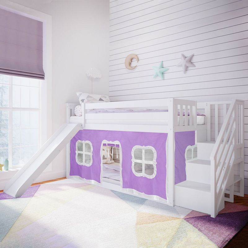 Max & Lily Twin Low Bunk Bed with Stairs and Slide with Curtains, 3 of 7