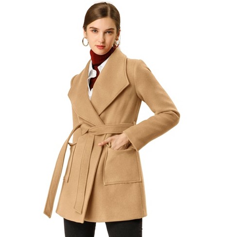 Unique Bargains Women's Shawl Collar Lapel Belted Winter Coat with Pockets  