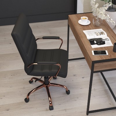 Mid-Back Black Faux Leather Office Chair with Rose Gold Accents