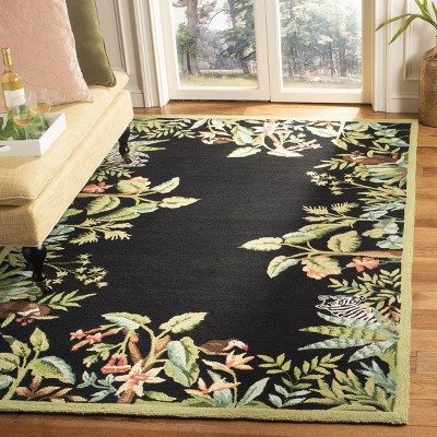 Handmade Black Floral Wool 6' x 9' Rectangular Rug