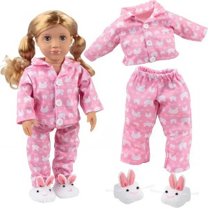 Dress Along Dolly Cute Bunny Pajamas Doll Outfit Compatible with American Girl & 18" Dolls (3 Piece Set) Rabbit Shirt, Pants, & Bunny Slippers - 1 of 4