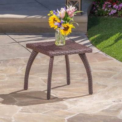 Brown Wicker Outdoor End Table, 17.7" Square Patio Accent Table with Iron Frame, Rattan Patio End Table, Outdoor Side Table -Christopher Knight Home