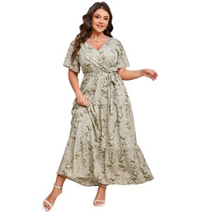 Whizmax V Neck Wrap Maxi Dress for Plus Size Women High Waist Ruffle Summer Casual Floral Dress with Belt - 1 of 4