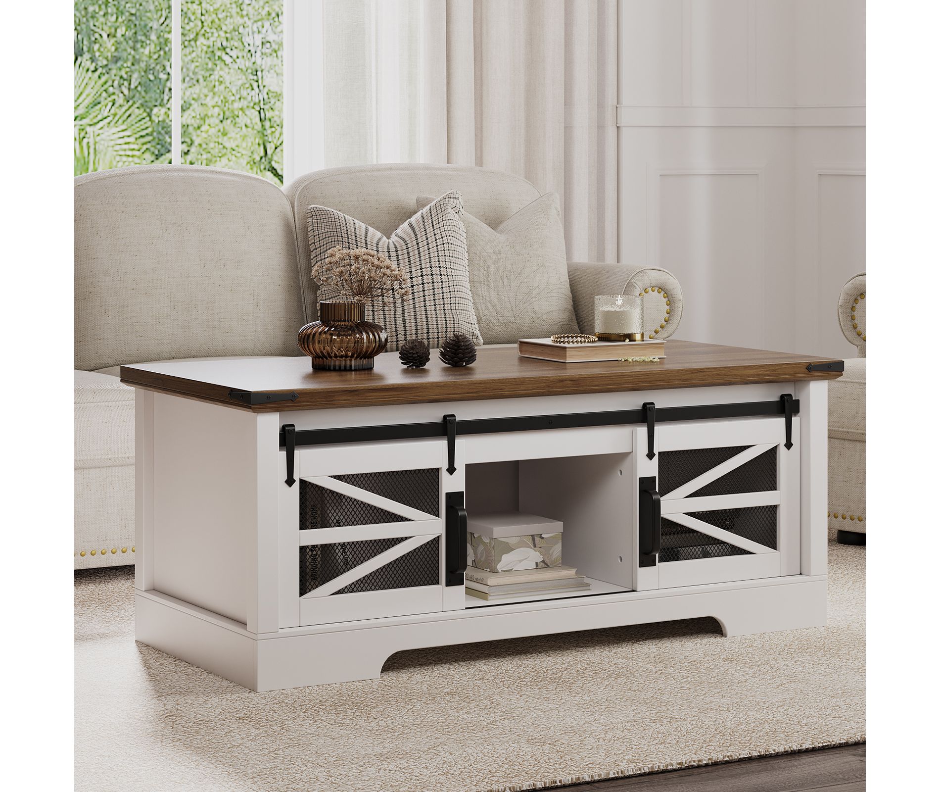 Farmhouse Coffee Table, Lift Top Coffee Table with Storage & Sliding Groove Barn Door,Rustic Coffee Tables,brown