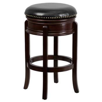 Merrick Lane 30" Backless Swivel Barstool, Upholstered with Nail Trim, Carved Apron, and Wood Frame