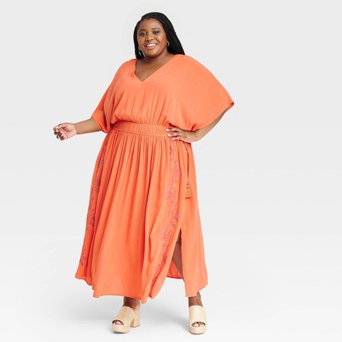 Women's Plus Size Flutter Short Kaftan A-line Maxi Dress - Knox Rose™ Coral Orange Floral 3x Target