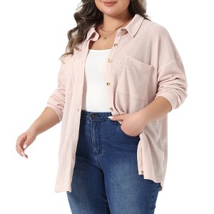 Women's Plus Size Waffle Knit Shacket Pocket Loose Long Sleeve Button Down Shirts - Agnes Orinda - 1 of 4