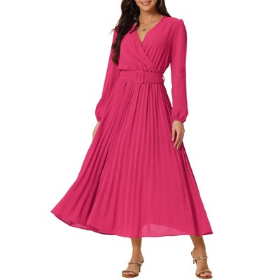 Seta T Women's Long Lantern Sleeve Wrap V Neck Flowy Ruffle Pleated Maxi Dresses