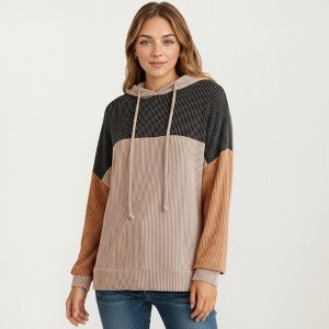 Anna-Kaci Women's Long Sleeve Color Block Knit Hoodie with Drawstring and Relaxed Fit - 1 of 4