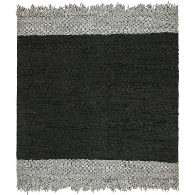 Vintage Black and Light Grey Leather Square Shag Rug