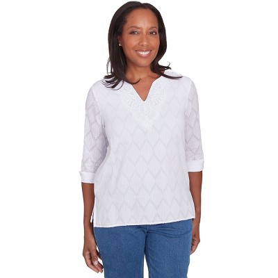 Alfred Dunner Womens White Textured Split Neck Top