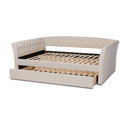 Beige Upholstered Full Daybed with Trundle and Tufted Design