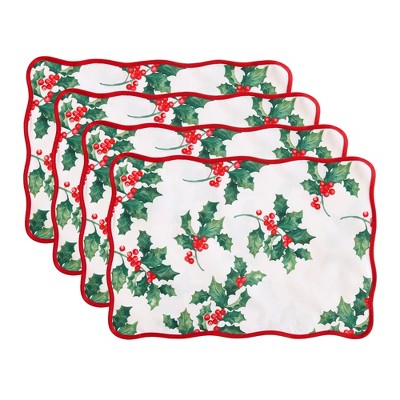 Vintage Holly Scallop Border Placemats, Set of 4 - Multicolor - 13x19 - Elrene Home Fashions