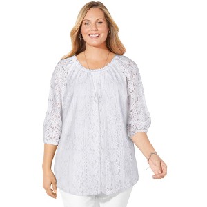 Catherines Women's Plus Size Stretch Lace Peasant Blouse - 1 of 4