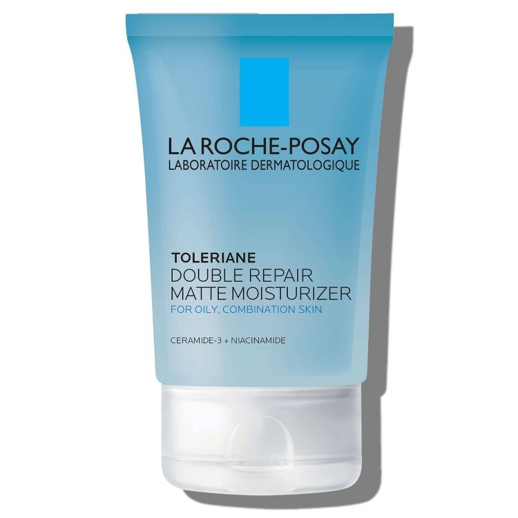 Blue colored tube of La Roche-Posay Toleriane Double Repair Matte Moisturizer for oily, combination skin.