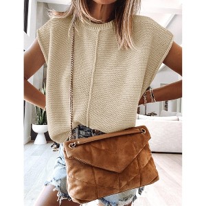 Womens Cap Sleeve Sweater Vest Crew Neck Knit Sleeveless Tank Tops Casual Lightweight Pullover Sweaters - 1 of 1