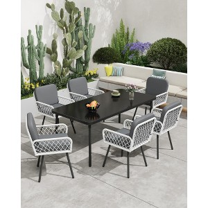 Outdoor Dining Set, Black Metal Table with Tempered Glass Top & 6 Wicker Chairs, Patio Table and Chairs Set with Gray Cushions for Garden, Poolside - 1 of 4