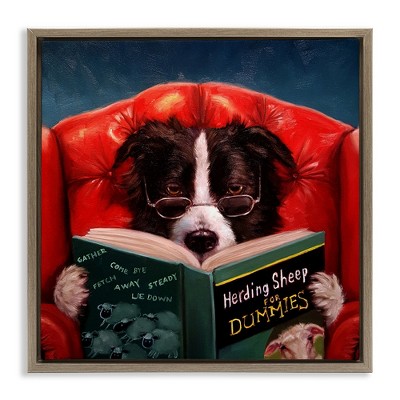Stupell Industries Sheep Dog Reading for Dummies Black Framed Floater Canvas Wall Art