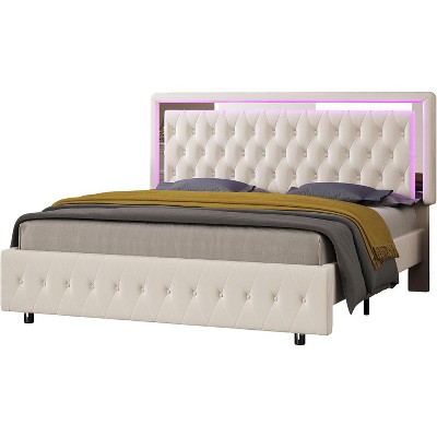 Bed Frame with Led Lights Headboard, Acrylic Mirror Accents