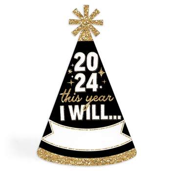 Big Dot of Happiness Hello New Year - Cone Party Hats - 2024 NYE Resolution Cone Party Hat for Adults - Set of 8 (Standard Size)