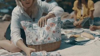 Floral Canvas and Willow Picnic Basket with Leatherette Strap