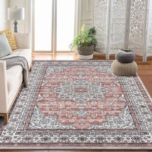 Vintage Washable Area Rug Floral Medallion Rugs, Ultra Soft Accent Bedroom Carpet - 1 of 4