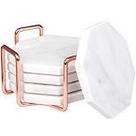 Deco White Carrara Coasters w/ Rose Gold Holder for Drinks- Set of 5 - Tabletop Protection for Any Table Type- Fits Any Size Wine Glass, Cup, Mug