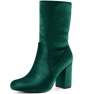 Allegra K Women's Round Toe Block Heels Foldable Mid Calf Sock Boots - 1 of 4