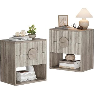 Gray Fluted Nightstand with Charging Station  Side Table with 2 Drawer  Modern Farmhouse Nightstands with Open Shelves  Wood Nightstand for Bedroom - 1 of 4