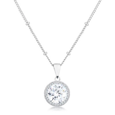Slickblue Fashion Round CZ Halo Pendant Necklace – Rhodium Plated, 18” Adjustable Chain, Clear/Blue-Green Option