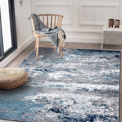 Reversible Abstract Watercolor Blue 5' x 7' Easy-Care Area Rug