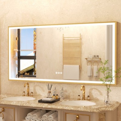 32/40/48/56/60in LED Mirror Bathroom Wall Mirrors w/ Lights Gold Frame Dimmable 3 Colors Anti-fog, Decor Wall Mirror