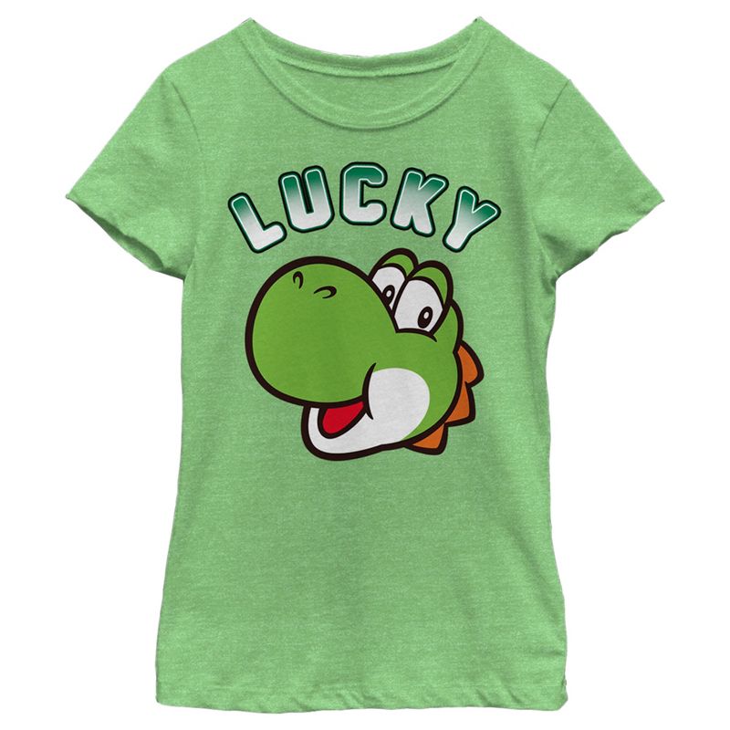 Girl's Nintendo Super Mario St. Patrick's Day Lucky Yoshi Retro T-Shirt, 1 of 5