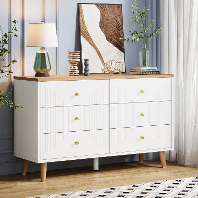 White and Light Brown 47" 6-Drawer Double Dresser with Gold Handles